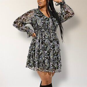Torrid 3X Black White Floral Chiffon Mini Dress Sheer Long Sleeve Tiered Boho